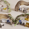Modern Wooden Arched Table and Chair Set With Green Vines and Colorful Chairs