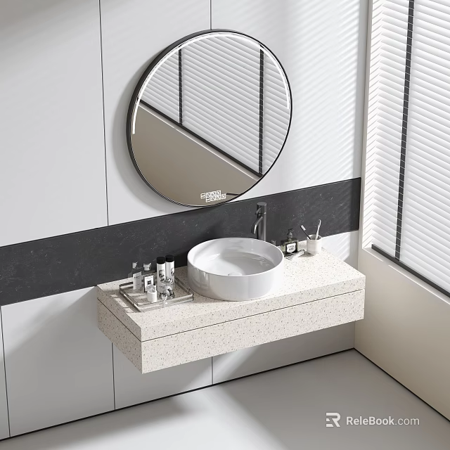 Bathroom Vanity with Round Mirror White Wall Black Striped Built-in Sink and Toiletries on Counter 3d model 