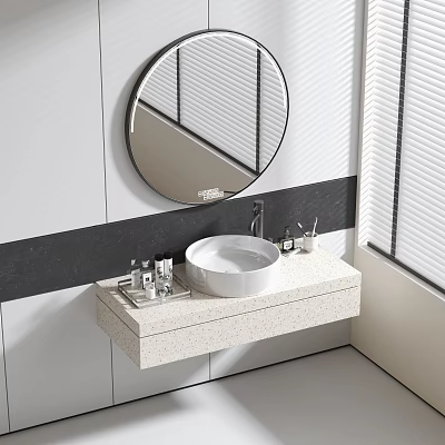 Bathroom Vanity with Round Mirror White Wall Black Striped Built-in Sink and Toiletries on Counter 3d model