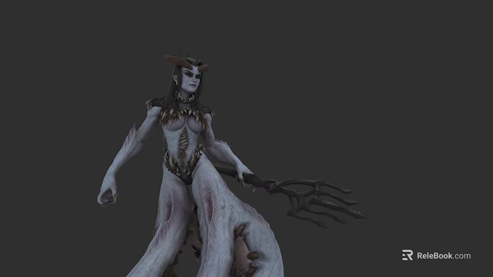 Horned Game Movie Character With Black Long Hair Pale Skin Tattered Clothing And Trident Weapon 3d model 