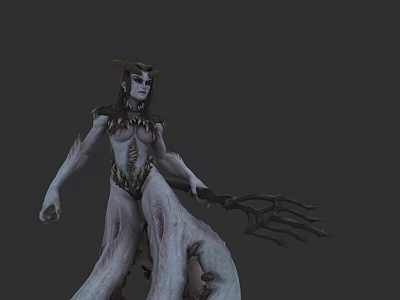 Horned Game Movie Character With Black Long Hair Pale Skin Tattered Clothing And Trident Weapon 3d model