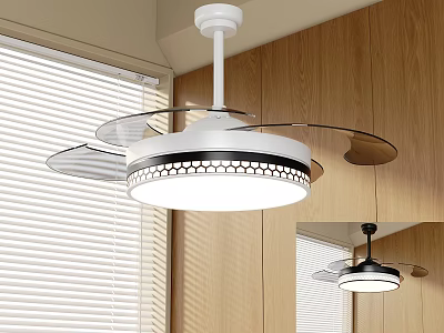 Modern Ceiling Fan Light With White Black Design Transparent Blades And LED Lighting In Wooden Interior 3d model