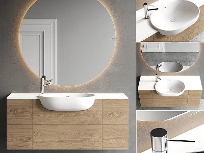 Modern Bathroom Washbasin Vanity With Round Backlit Mirror Wooden Cabinet And White Countertop Basin 3d model