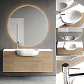Modern Bathroom Washbasin Vanity With Round Backlit Mirror Wooden Cabinet And White Countertop Basin