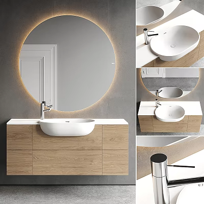 Modern Bathroom Washbasin Vanity With Round Backlit Mirror Wooden Cabinet And White Countertop Basin 3d model