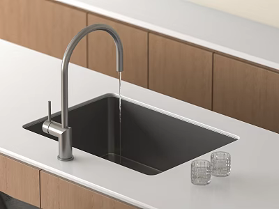 Black Kitchen Sink With Faucet Water Flowing And Glass Cups On White Countertop Wooden Cabinets 3d model