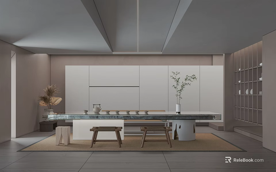 Minimalist Tea Room Interior Design With Wooden Table Chairs And Decorative Plants 3d model 