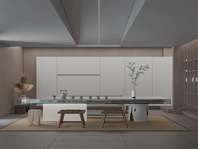 Minimalist Tea Room Interior Design With Wooden Table Chairs And Decorative Plants 3d model