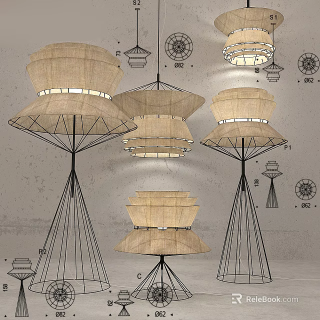 Modern Fabric Lighting Combinations With Multi Layer Shades And Metal Stands 3d model