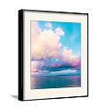 Vibrant Sky And Sea Landscape Painting With Fluffy Clouds And Calm Water