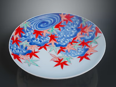 Artistic Sculpture Carving Decorative Plate With Blue Wave Patterns And Red Green Maple Leaves 3d model