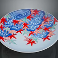 Artistic Sculpture Carving Decorative Plate With Blue Wave Patterns And Red Green Maple Leaves
