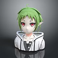 Game Movie Character with Green Hair Red Eyes Elf Ears in White Hoodie