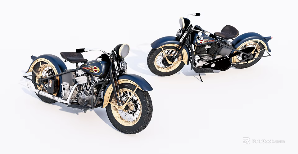 Classic Vintage Motorcycles With Blue Body Gold Wheels And Leather Seats Chrome Details 3d model 