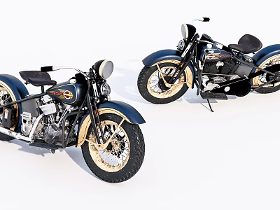 Classic Vintage Motorcycles With Blue Body Gold Wheels And Leather Seats Chrome Details 3d model