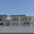 Modern Guesthouse Building Design With Large Glass Windows Wood Stone Facade And Spacious Courtyard