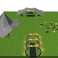 Park Landscape With Golden Arched Decoration Illuminated Lines Lawn Tent Black Carpet Path And Lights