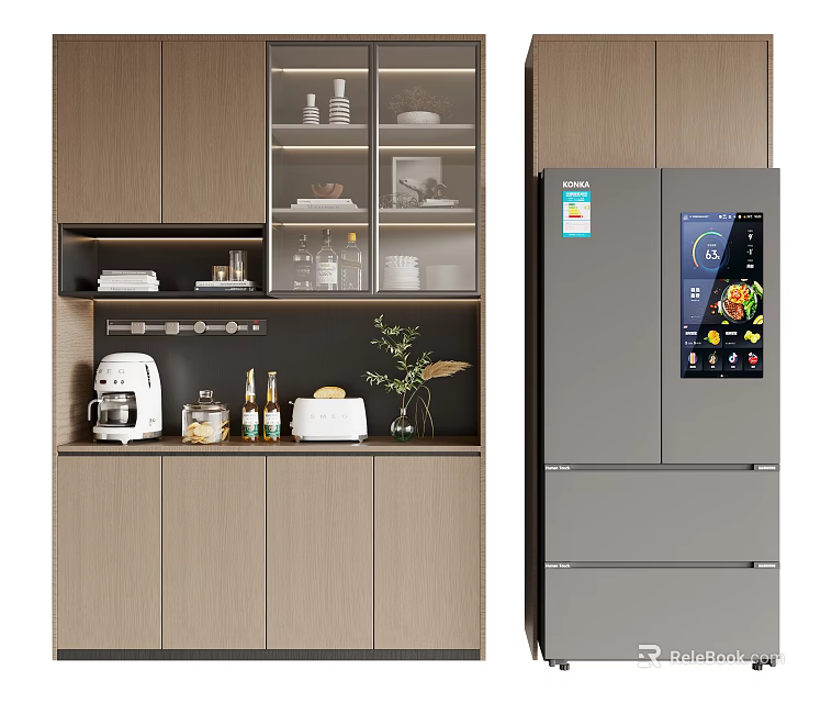 Modern Wooden Wine Cabinet With Glass Doors In Kitchen Setting Near Refrigerator 3d model 