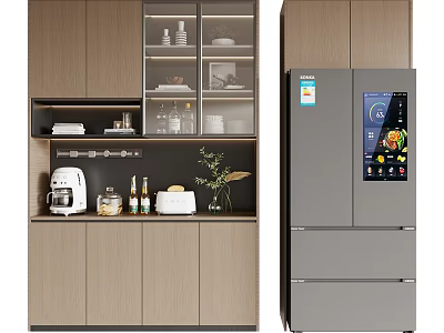 Modern Wooden Wine Cabinet With Glass Doors In Kitchen Setting Near Refrigerator 3d model