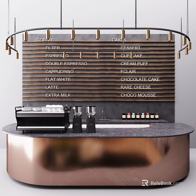 Functional Cafe Bar Table With Coffee Machine Grinder Condiment Bottles And Wooden Menu Board 3d model