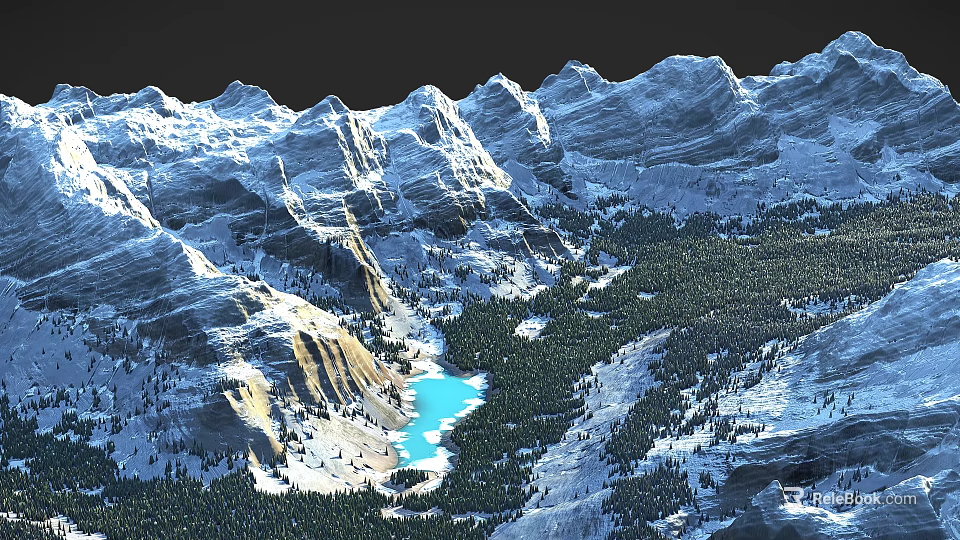 Majestic Snowy Mountain Range With Turquoise Lake And Lush Green Forest 3d model 