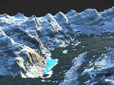 Majestic Snowy Mountain Range With Turquoise Lake And Lush Green Forest 3d model