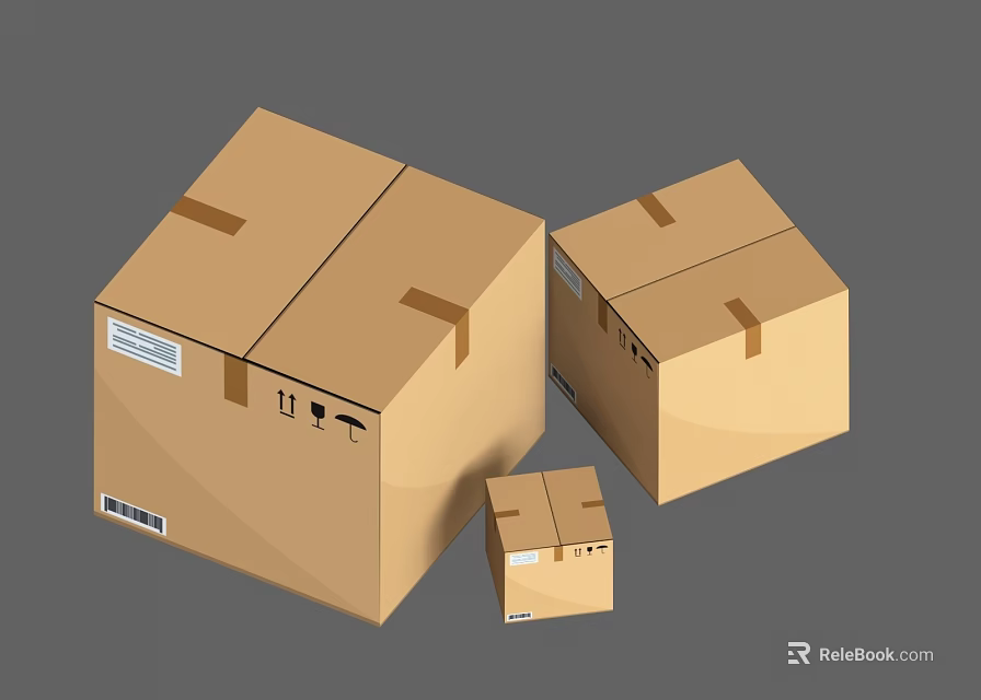 Brown Cardboard Boxes In Different Sizes With Tape Sealed Seams And Barcode Labels 3d model 