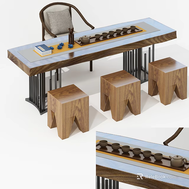 Modern Tea Table and Wooden Stools Featuring Tea Sets and Books on Surface 3d model