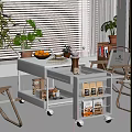Modern Tea Cart With Multiple Tiers Wheels Fresh Fruits Coffee Grinder And Cups Potted Plants