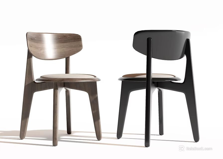 Modern Dining Chairs In Walnut And Black With Sleek Backrest And Seat Cushion 3d model 
