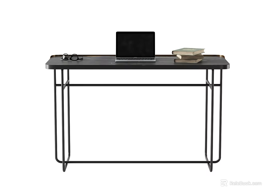Modern Black Desk With Laptop Books And Eyeglasses On Metal Frame 3d model 