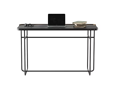 Modern Black Desk With Laptop Books And Eyeglasses On Metal Frame 3d model