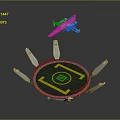Circular Landing Platform With Yellow Markings White Supports And Blue Aircraft
