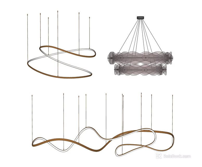 Modern Hanging Chandeliers With Spiral Curved Metal Frames And Glass Elements 3d model