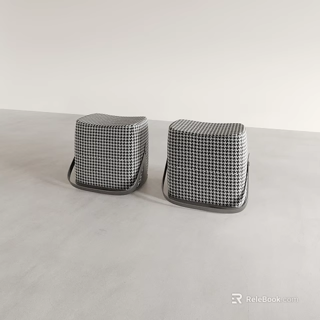 Two Black And White Checkered Pattern Stools With Straps On Gray Surface 3d model 