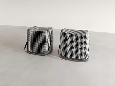 Two Black And White Checkered Pattern Stools With Straps On Gray Surface 3d model