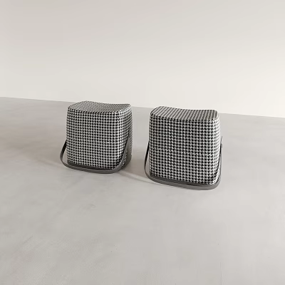 Two Black And White Checkered Pattern Stools With Straps On Gray Surface 3d model