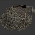 Damaged Stone Wall Structure With Wooden Frames And Rubble Piles 3d model