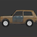 Retro Compact Car With Brown And Blue Exterior And White Wheels Details
