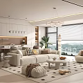 Modern Living and Dining Room Interior Design With White Sofa Coffee Table Rug And Chandelier