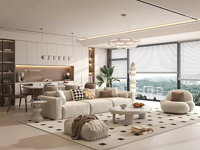 Modern Living and Dining Room Interior Design With White Sofa Coffee Table Rug And Chandelier 3d model