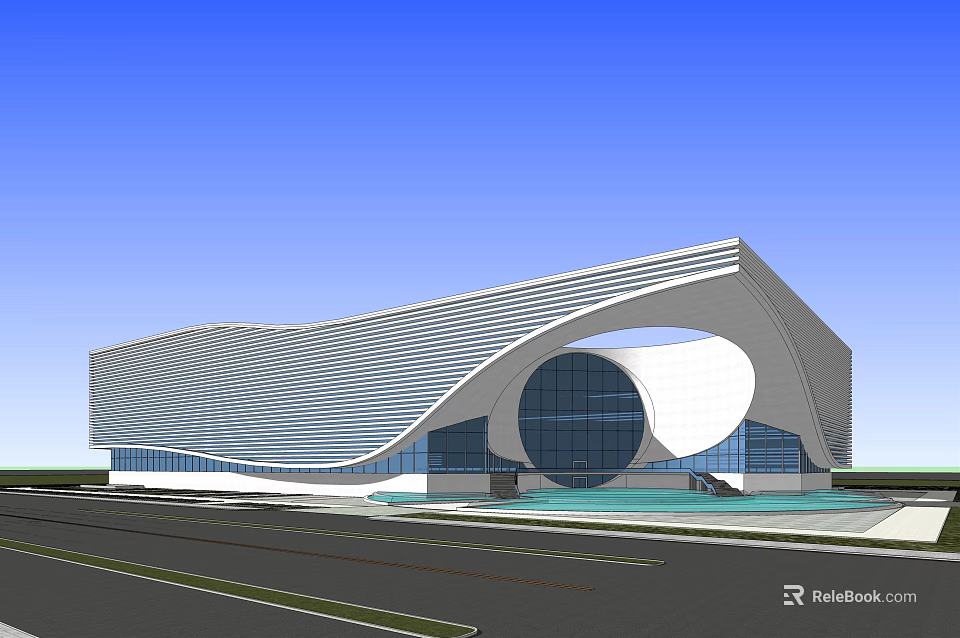 Modern Curved Architecture Exterior With Glass Facade Circular Window And Water Pool 3d model 