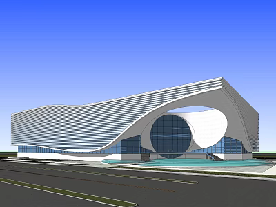 Modern Curved Architecture Exterior With Glass Facade Circular Window And Water Pool 3d model