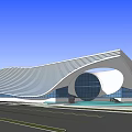Modern Curved Architecture Exterior With Glass Facade Circular Window And Water Pool