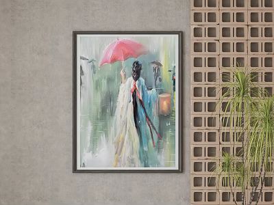 Traditional Chinese Female Figure Painting With Red Umbrella Lantern And Lattice Decor 3d model