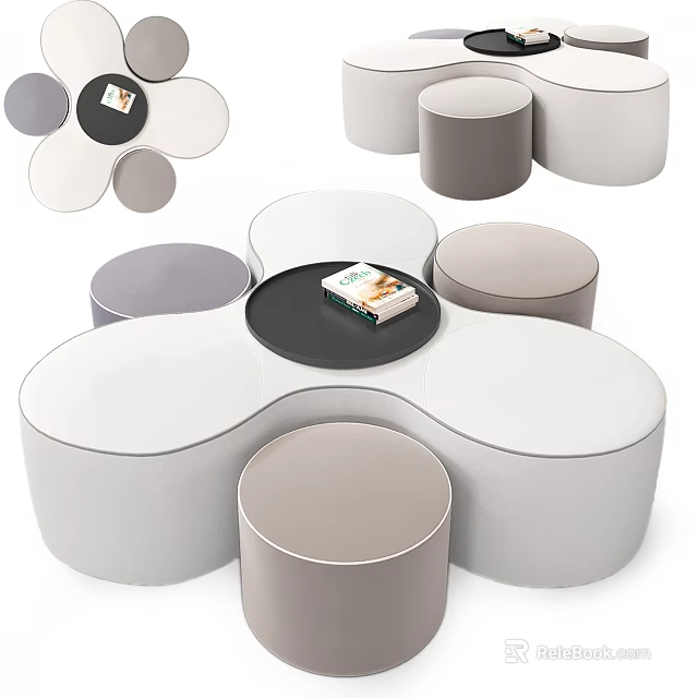 Modern Modular Sofa Stools With White Gray Colors And Circular Tray Table Top 3d model