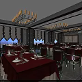 Elegant Restaurant Interior With Red Tablecloths Green Chairs Chandeliers And Decorative Windows
