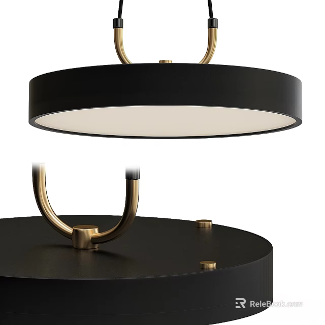 Modern Black Gold Chandelier Design With Circular Shade And Golden Metal Rings 3d model 