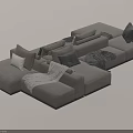 Modern Gray Sectional Sofa With Multiple Pillows And Cozy Blanket 3d model