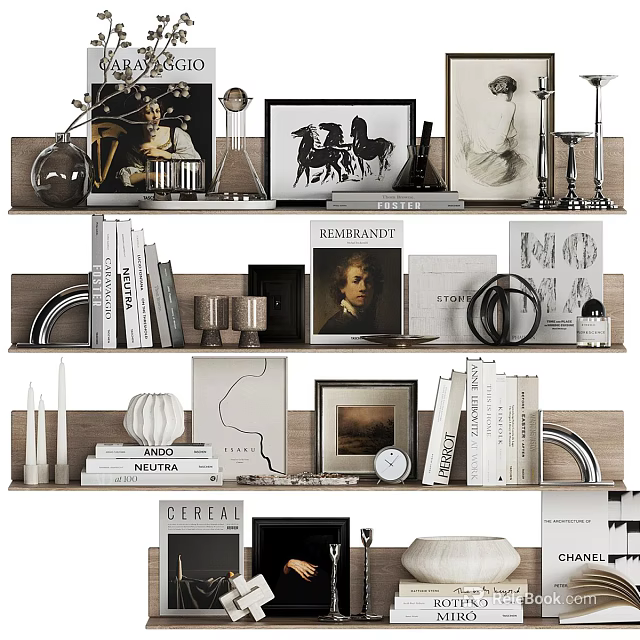 Stylish Decorative Ornament Set With Framed Art Books Sculptures And Candles On Wooden Shelves 3d model 